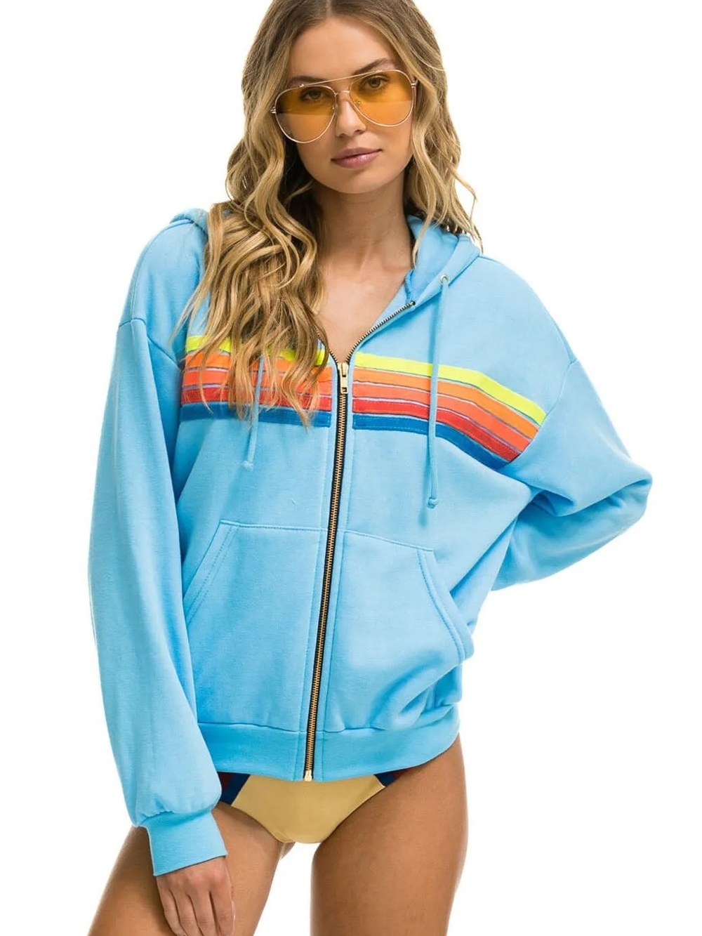 Aviator Nation Sky Blue Zip Hoodie with Neon Rainbow Stripes